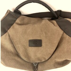 Khaki Canvas and Brown Leather Crossbody Messenger Bag with Front Zip‎ Pocket